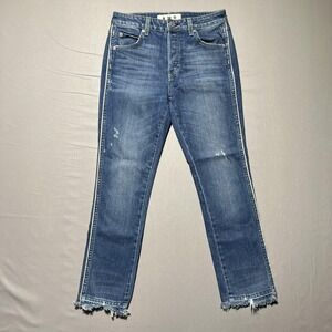 AMO Babe Old School Jeans Womens 27 Blue Distressed Frayed‎ Hem Button Fly Denim